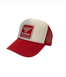 RED AND WHITE TRUCKER HAT (SNAPBACK)