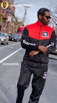 BLACK AND RED TRACKSUIT WITH CHENILLE PATCH LOGO