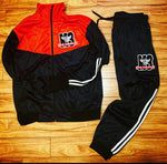 BLACK AND RED TRACKSUIT WITH CHENILLE PATCH LOGO